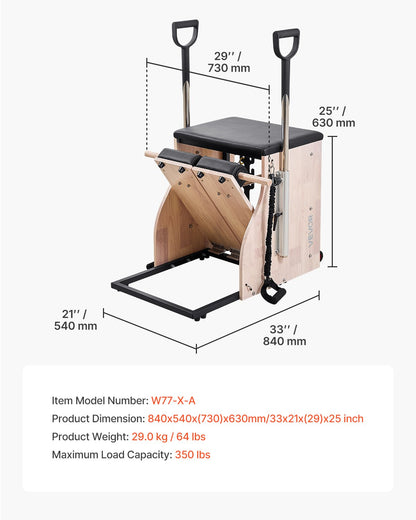 VEVOR Split-Pedal Pilates Chair with Handles – Rubber Wood Stability Chair for Home & Studio Workouts